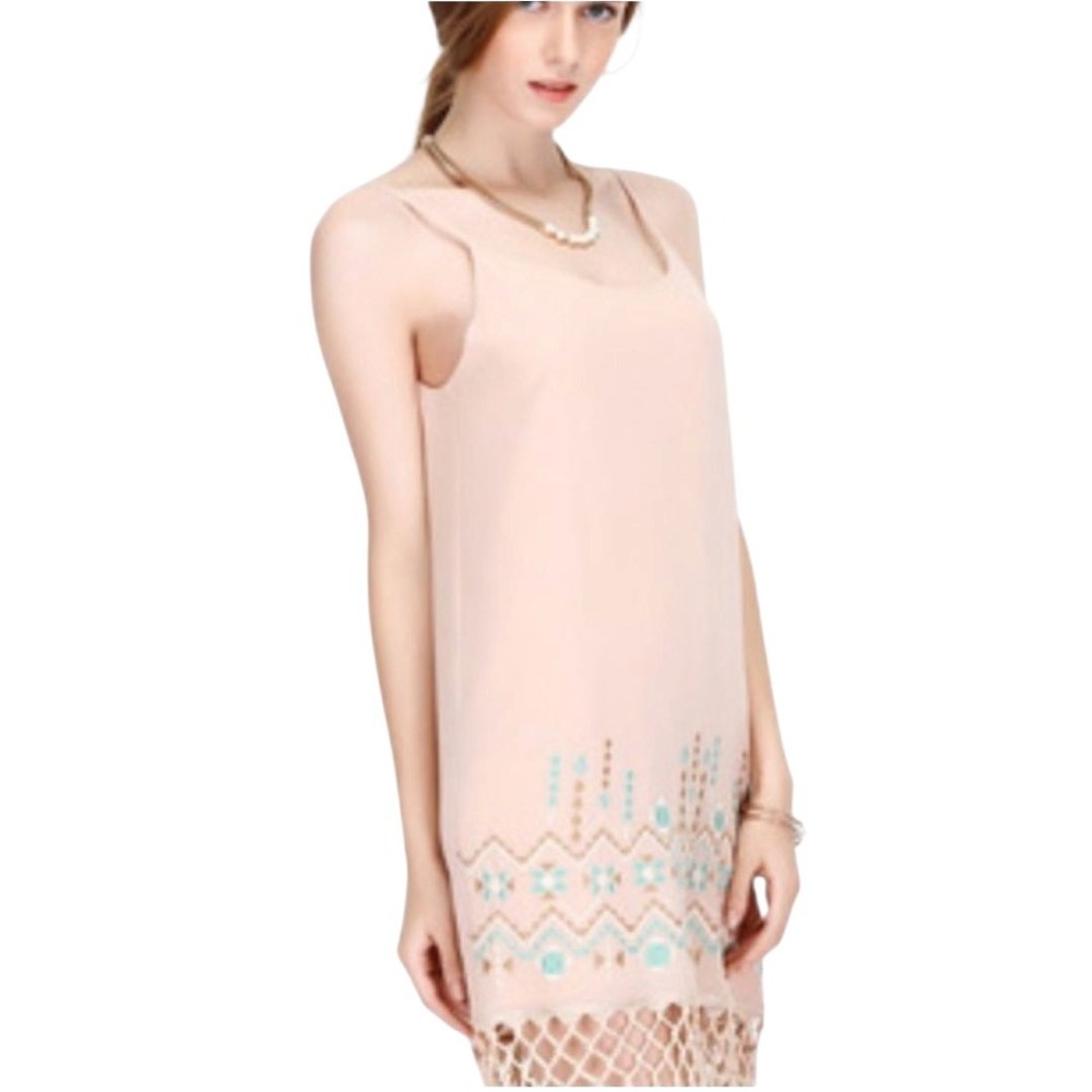Lost April Anthropologie Size Small Finge Aztec Embroidered Midi Slip Dress Pink
